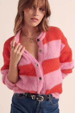 Balzac Paris Cardigan Douceur Rayures rose et rouge Sale