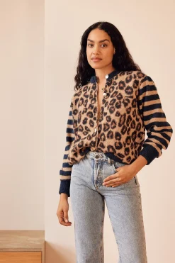Balzac Paris Cardigan Idole rayures bleu et léopard Rayures léopard Best