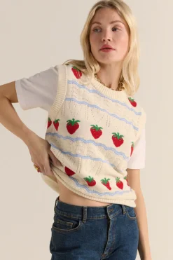 Balzac Paris Pull Priska écru et fraises rouges Écru et fraises rouges Clearance