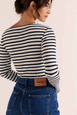 Balzac Paris Top Cèpe bleu et blanc Rayures Sale
